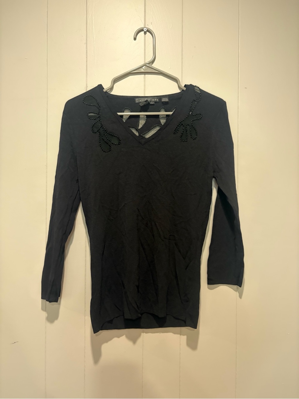 Ziani Couture Black Long Sleeve V-Neck Top with Bead Detail